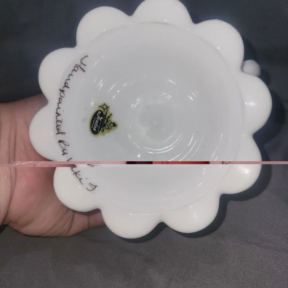Milk Glass Finger Ring Candle Holder Hand Painted Violets Signed by Vicki F